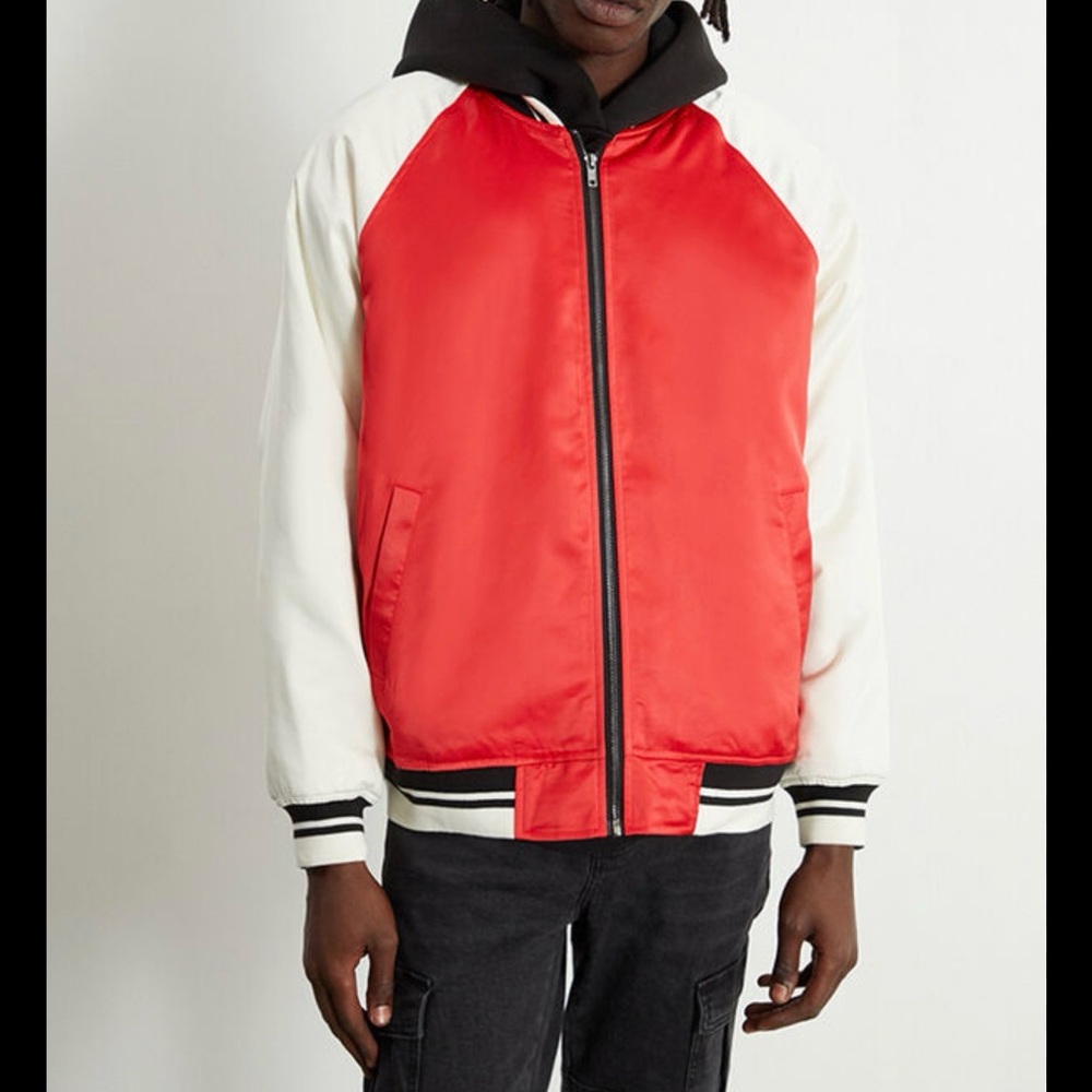 PACSUN Red Satin Oversized Souvenir Bomber Varsity Jacket Size Large